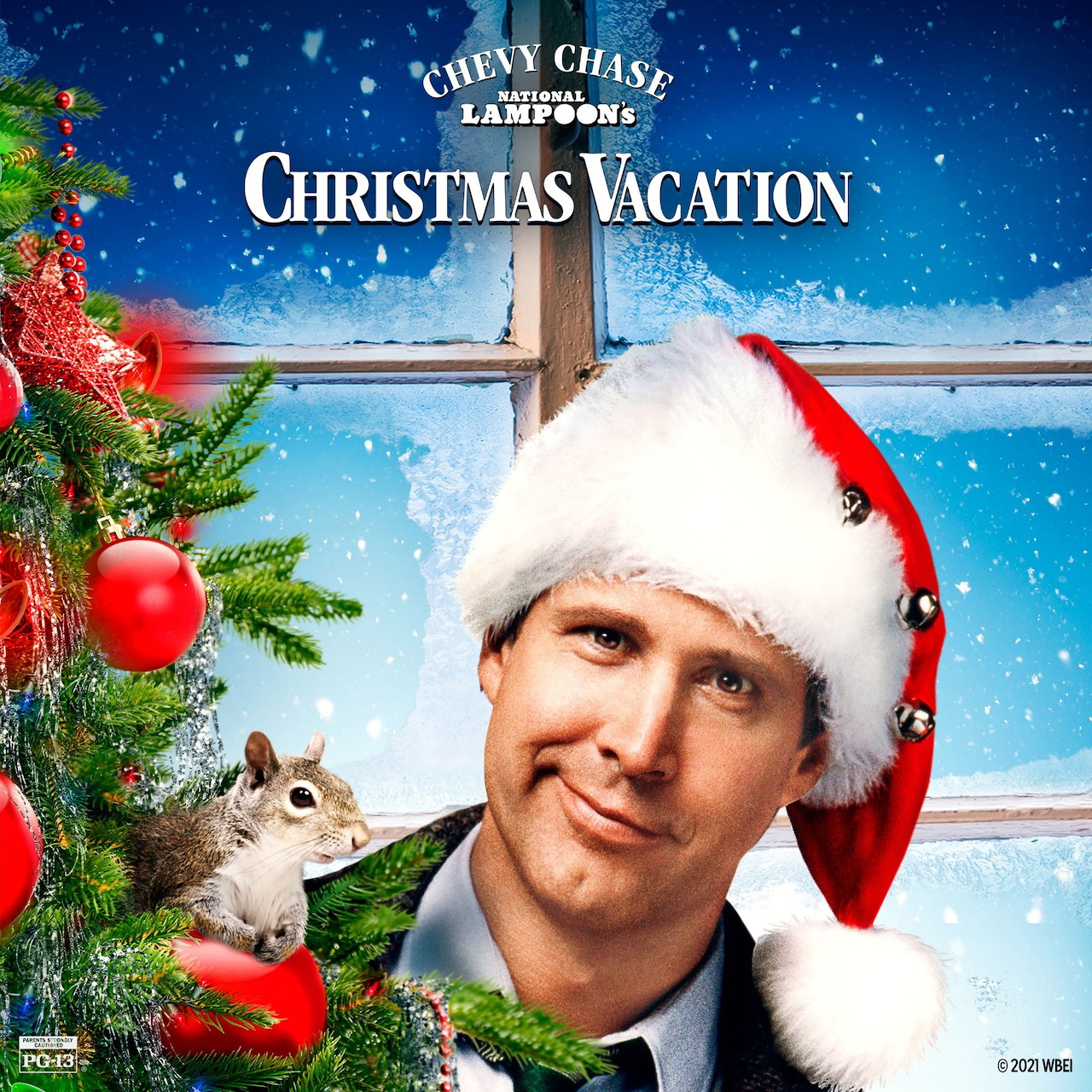Christmas Vacation movie poster with Chevy Chase in a Santa hat beside a Christmas tree and squirrel