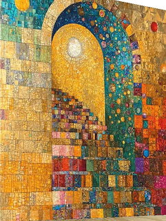Abstract mosaic artwork with colorful stairs leading through a golden arch with intricate tile patterns