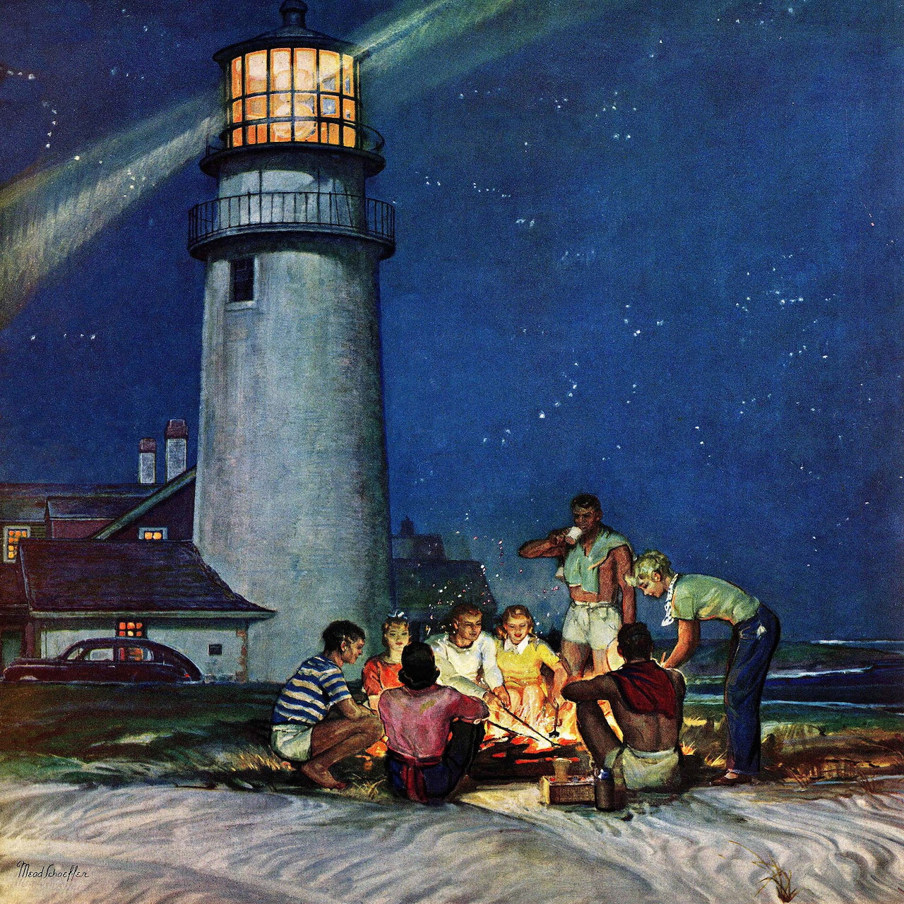 Family around beach bonfire near lighthouse under starry night sky, vintage painting style
