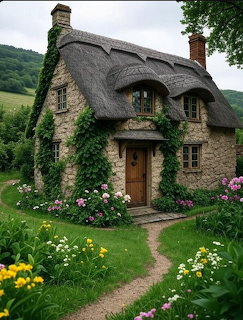 Stone cottage with thatched roof surrounded by garden flowers and rolling hills