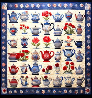 Quilt with teapots, teacups and red flowers in blue and white porcelain design with floral border