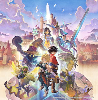 Group of fantasy characters with winged creature and castle backdrop in anime style