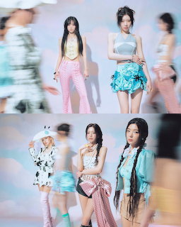 Five K-pop female artists in pastel outfits posing in a professional photoshoot