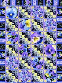 Quilt pattern with purple pansies, yellow centers, white flowers on black lattice background