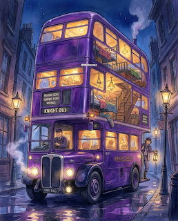 Purple triple-decker bus with glowing windows on nighttime cobblestone street