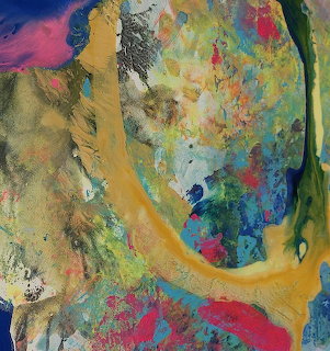 Abstract painting with swirling fluid colors in pink, blue, yellow, and green with textured organic patterns