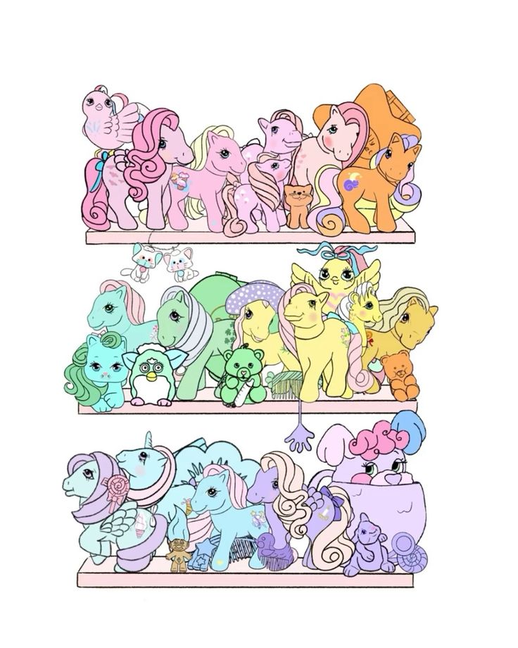 Cute pastel pony figures displayed on three shelves in a simple illustration