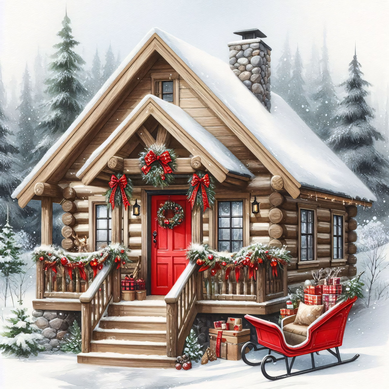 Snow-covered log cabin with red door, holiday wreaths, garlands, and a red sleigh in a snowy forest