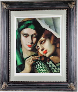 Framed Art Deco painting of two women, one in a green turban, by Tamara de Lempicka