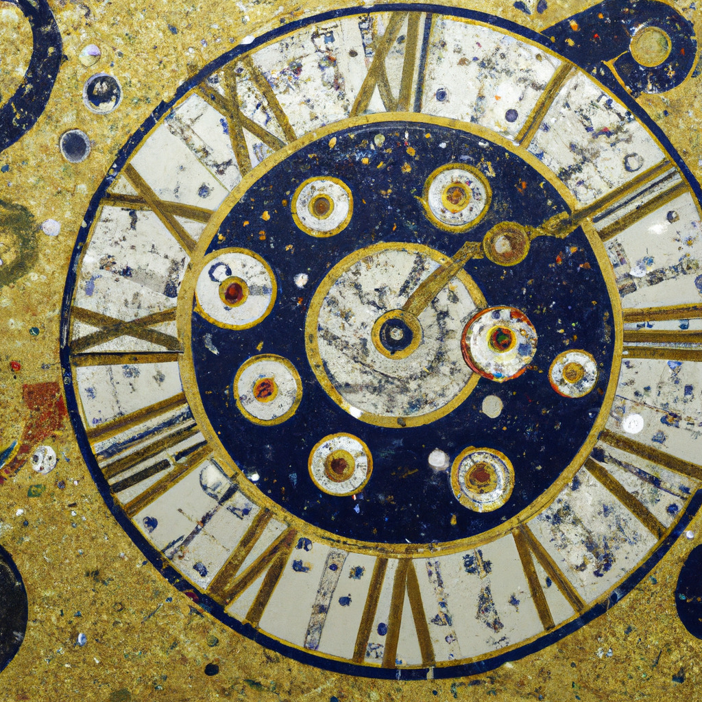 Ornate clock face with gold patterns and Roman numerals in Klimt style