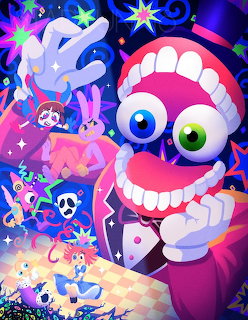 Colorful cartoon characters with exaggerated features including large teeth, eyes, and stars in bright neon colors