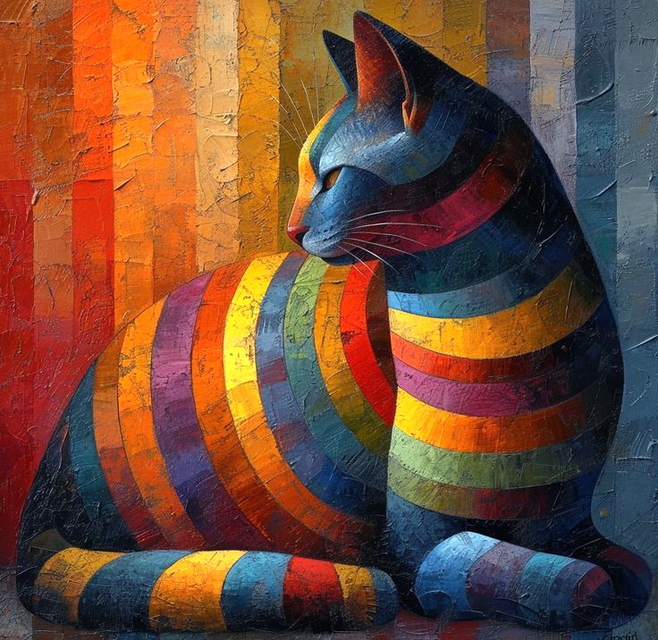 Artistic cat with rainbow-colored horizontal stripes sitting in profile against a colorful geometric background