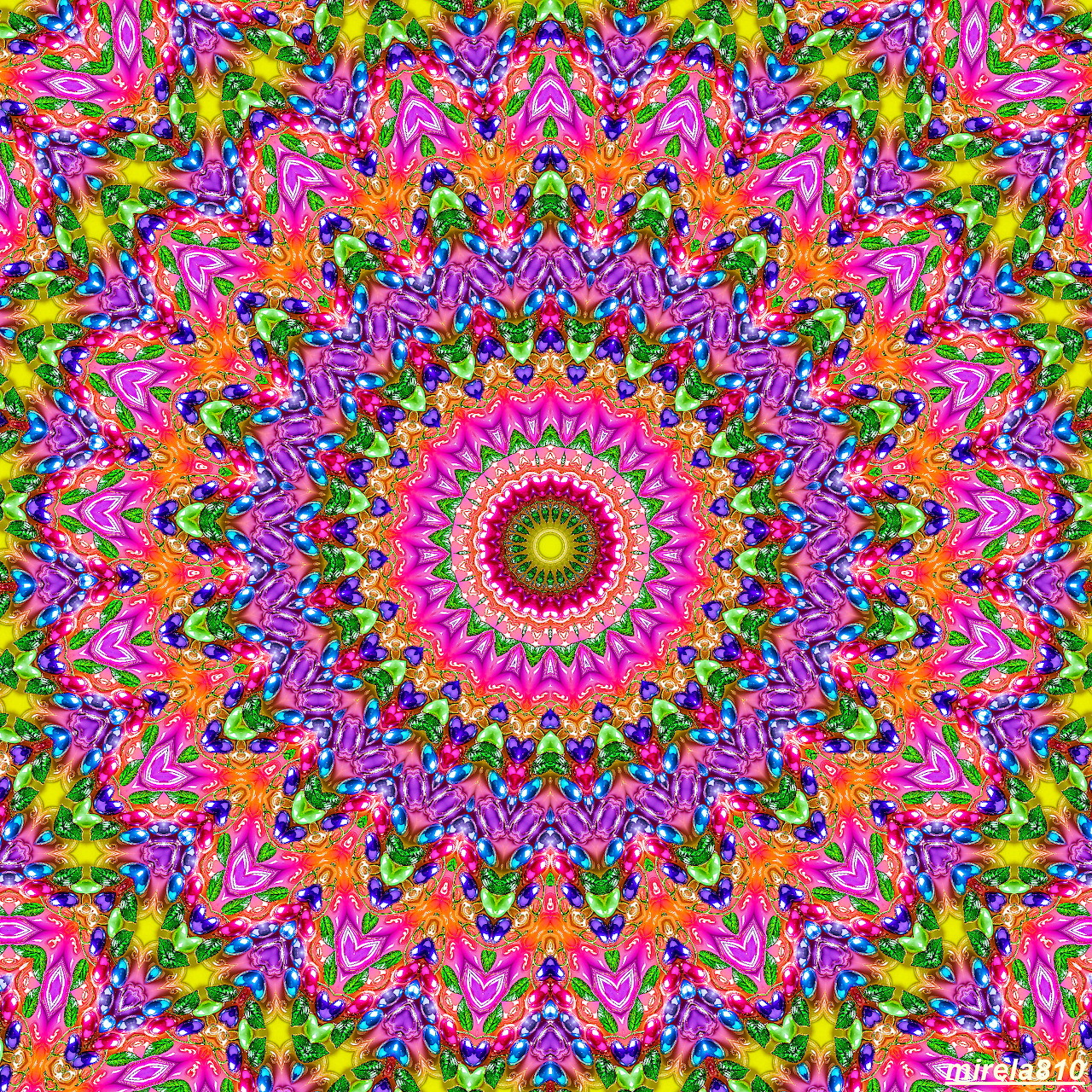 Colorful symmetrical mandala with intricate psychedelic patterns in bright neon colors radiating from center