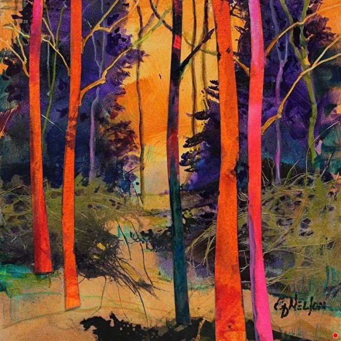 Colorful forest painting with tall red and purple tree trunks and glowing light beyond