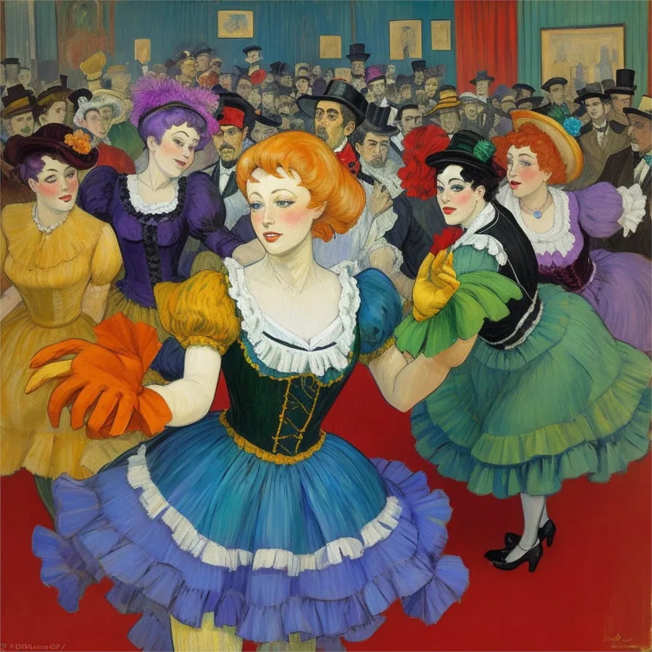 Vintage illustration of dancers in colorful costumes at a crowded cabaret dance hall with blue and red interior