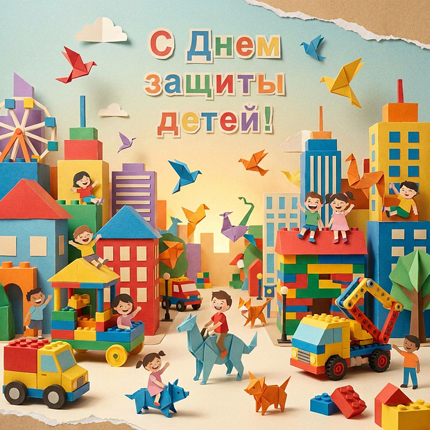 Paper craft scene of children playing with colorful toy buildings, vehicles, and origami birds in miniature city