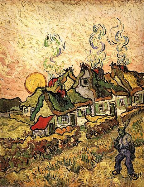 Van Gogh painting of thatched cottages under swirling golden sky with figure on path