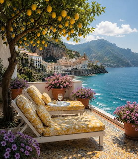 Terace with yellow lounge chairs under a lemon tree overlooking the Amalfi Coast and blue sea