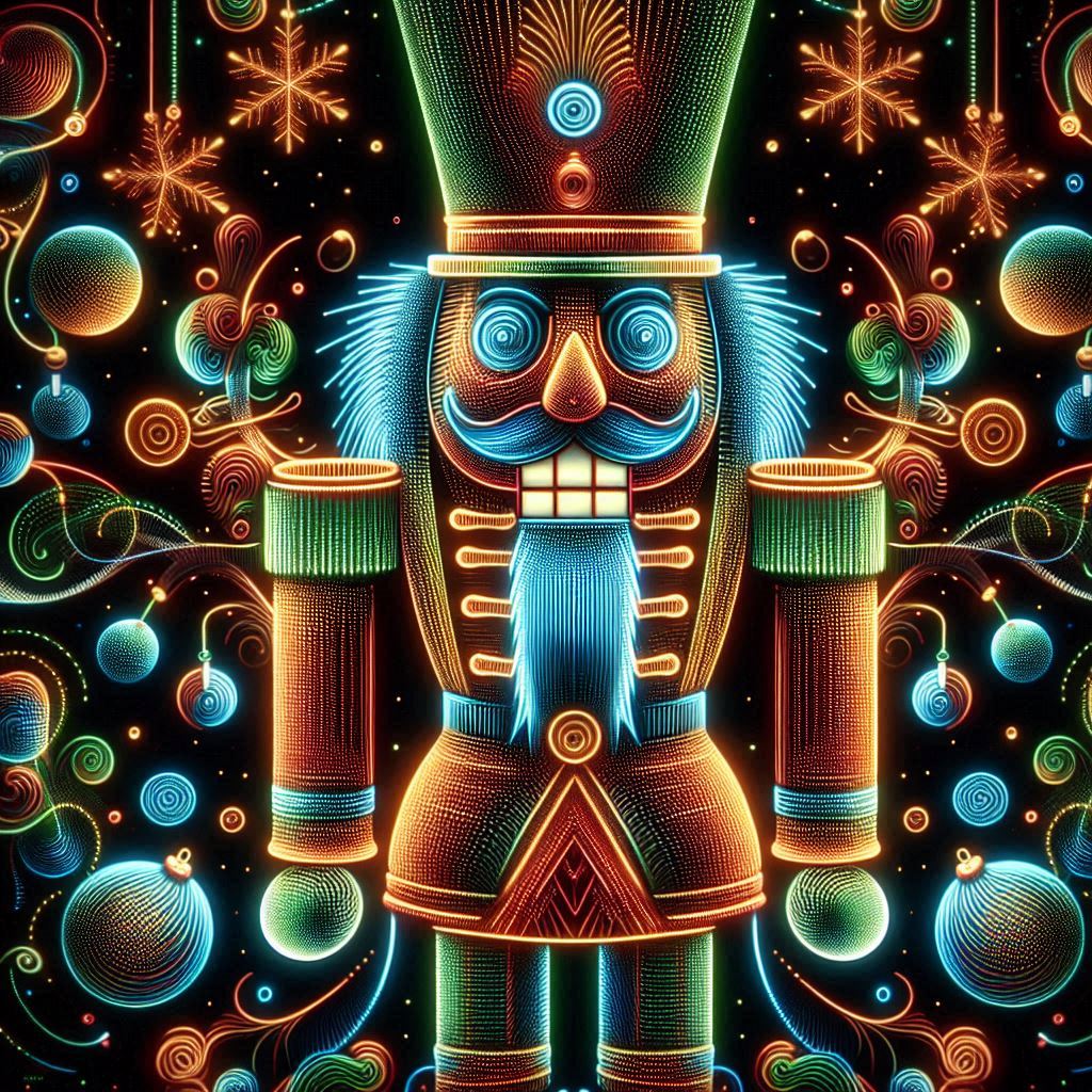 Neon-style illustration of a nutcracker soldier with glowing Christmas ornaments and snowflakes on black background