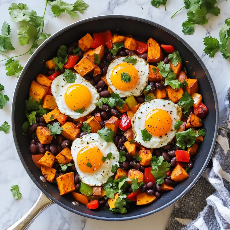 Breakfast skillet with sweet potato, black beans, peppers, and fried eggs topped with cilantro