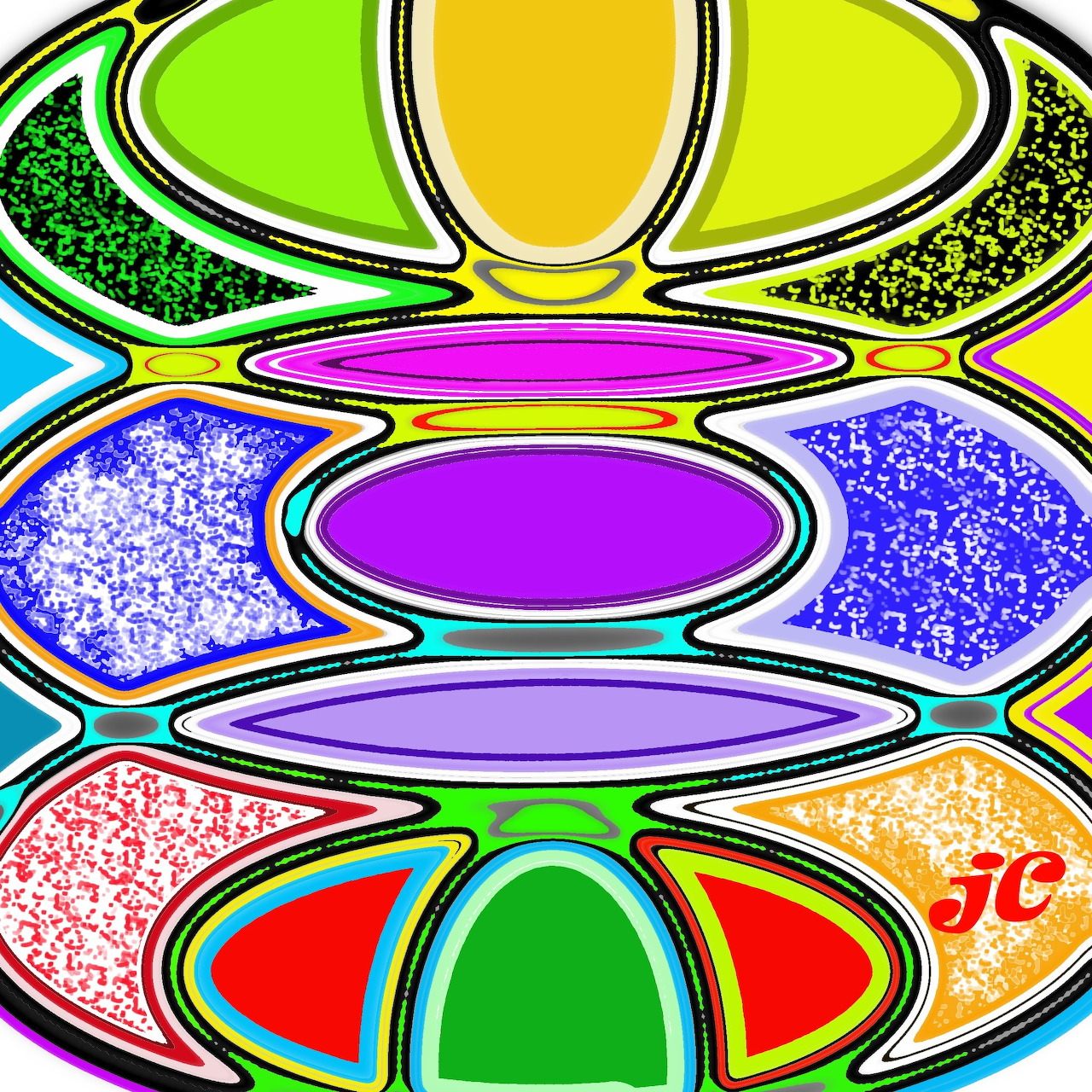 Colorful abstract art with symmetrical curved shapes in bright green, yellow, purple, pink, and orange with textured patterns