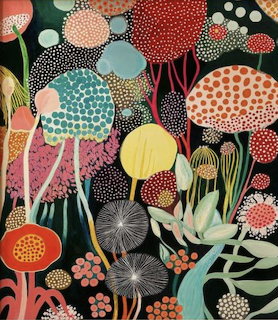 Decorative illustration of various colorful mushrooms with patterned caps on dark background