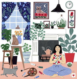 Illustration of artist in studio surrounded by plants, art supplies, and paintings on walls