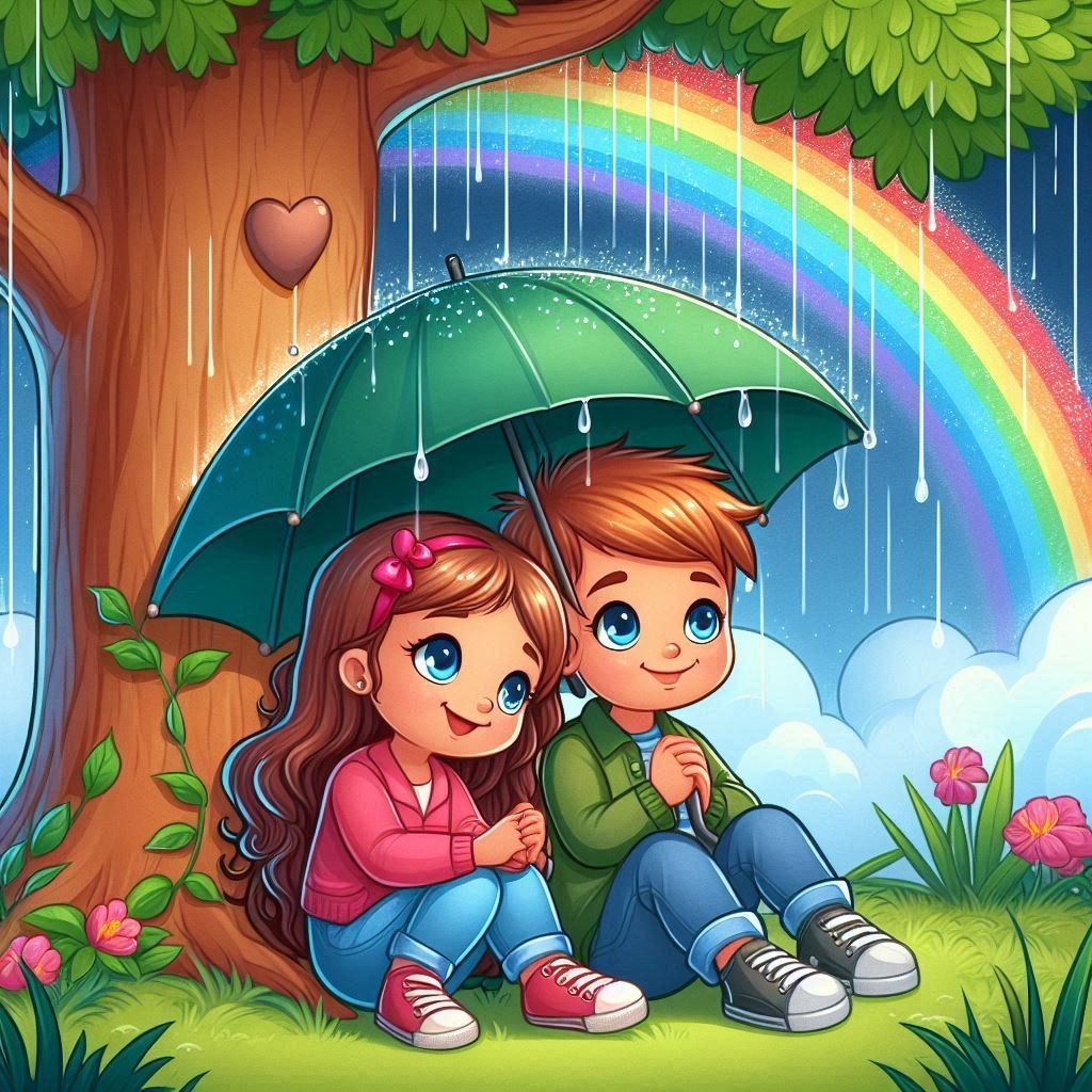 Cartoon boy and girl sitting under a green umbrella in the rain with a rainbow behind them.