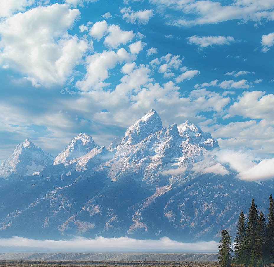 Grand Teton peaks with snow under cloudy blue sky, evergreen trees and valley in foreground