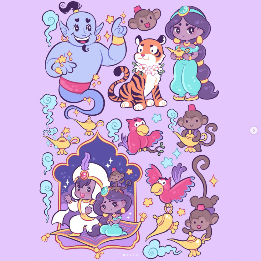 Cartoon sticker sheet with Jasmine, Genie, Abu, Raja, Iago, a magic lamp, and flying carpet.