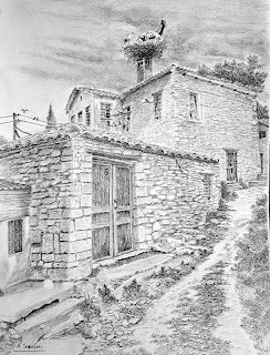 Black and white drawing of a rustic stone house beside a narrow village path