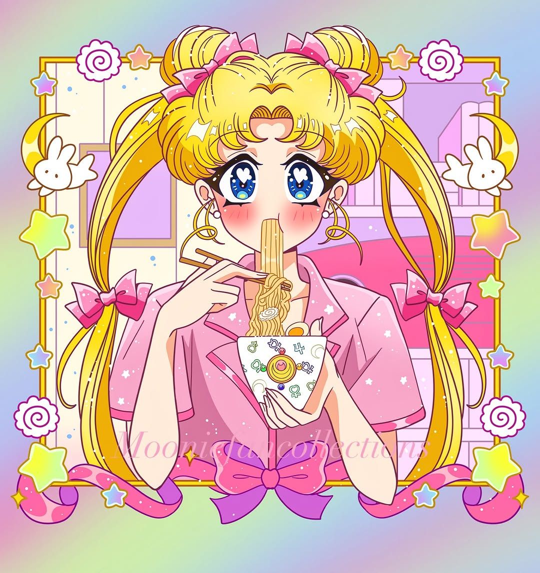 Anime girl with blonde twin buns eating noodles from a cup with pink bows and pastel star decorations