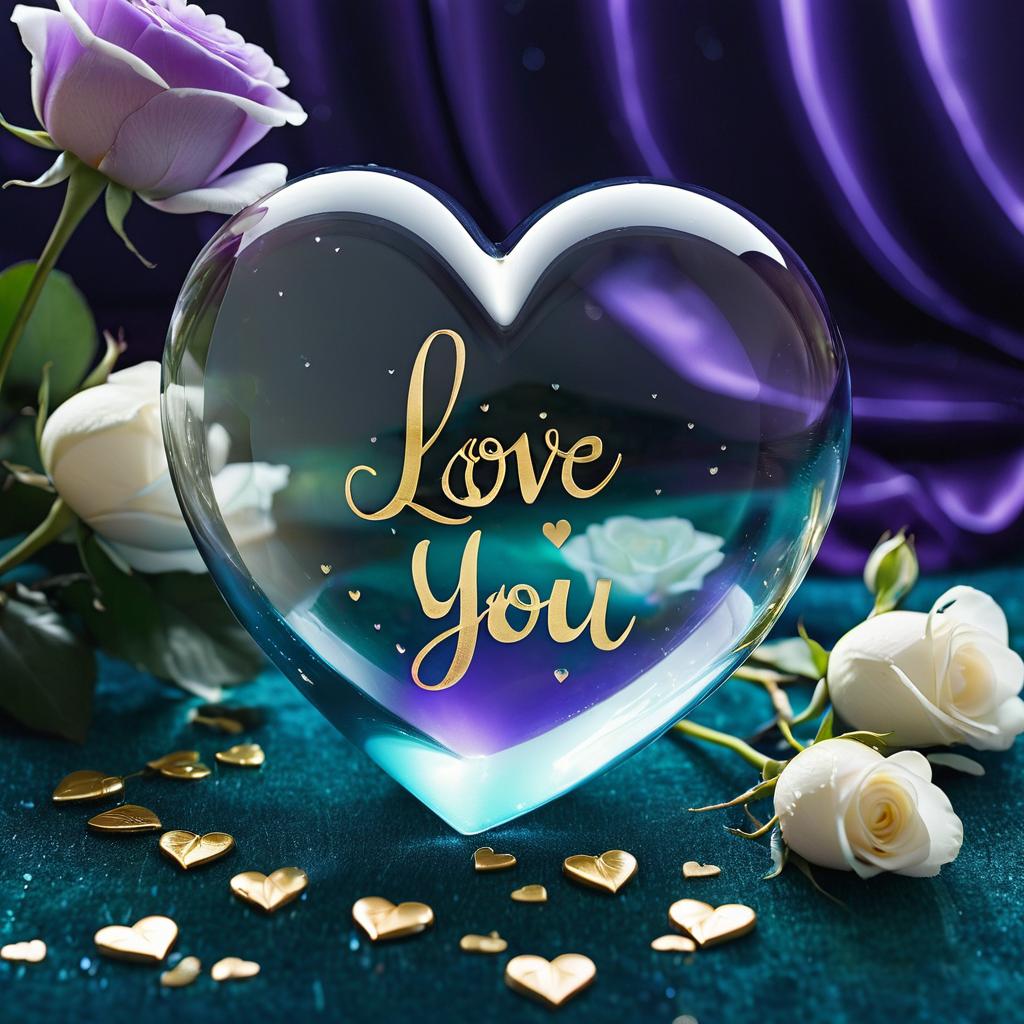 Crystal heart ornament with Love You text, white roses, and purple curtain backdrop