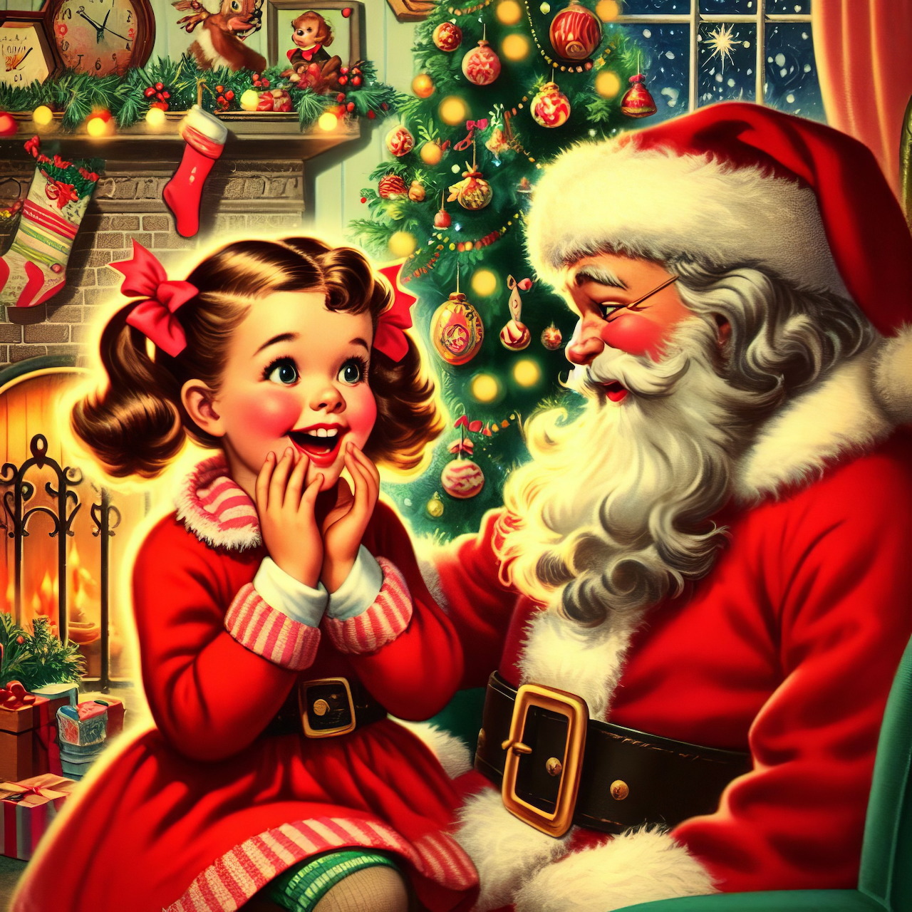 Santa Claus with young girl by Christmas tree in vintage holiday illustration