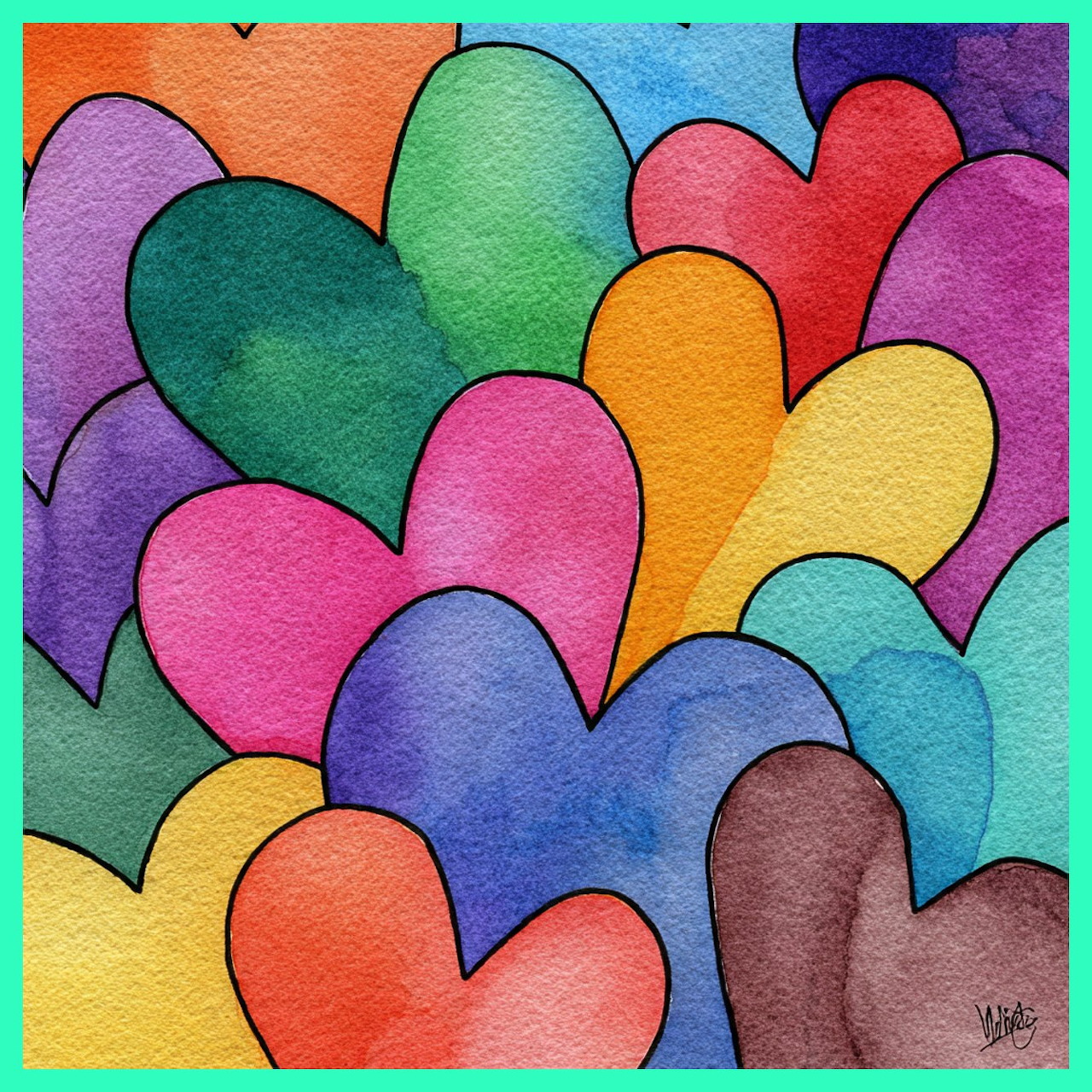 Colorful overlapping hearts painted in watercolor with rainbow hues and textured brush strokes
