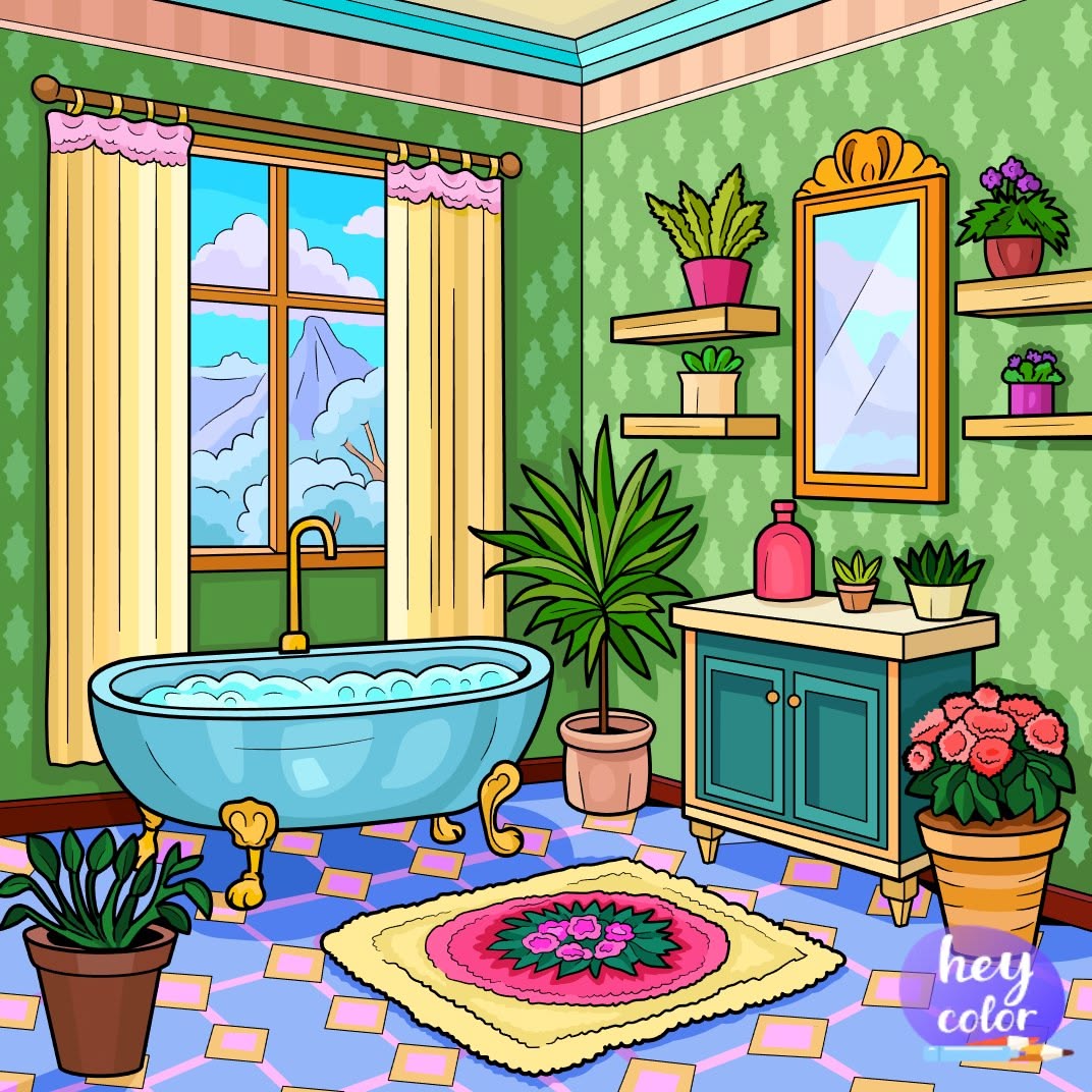 Colorful illustrated bathroom with blue tub, plants, green walls, and checkered floor