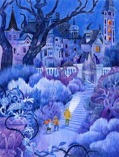 Illustration of two children walking up steps through a blue-toned nighttime village with twisted trees and buildings