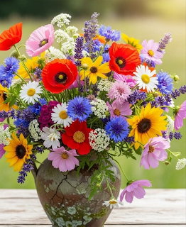 Colorful bouquet of summer flowers including sunflowers, red poppies, daisies, and purple blooms in a glass vase