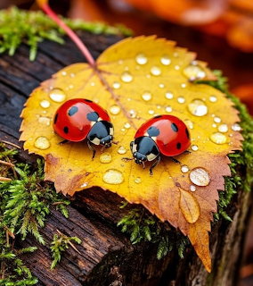 Two red ladybugs on a yellow autumn leaf with water droplets on a mossy tree stump