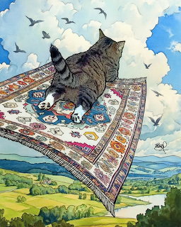 Tabby cat sitting on ornate flying carpet in sky with clouds and birds