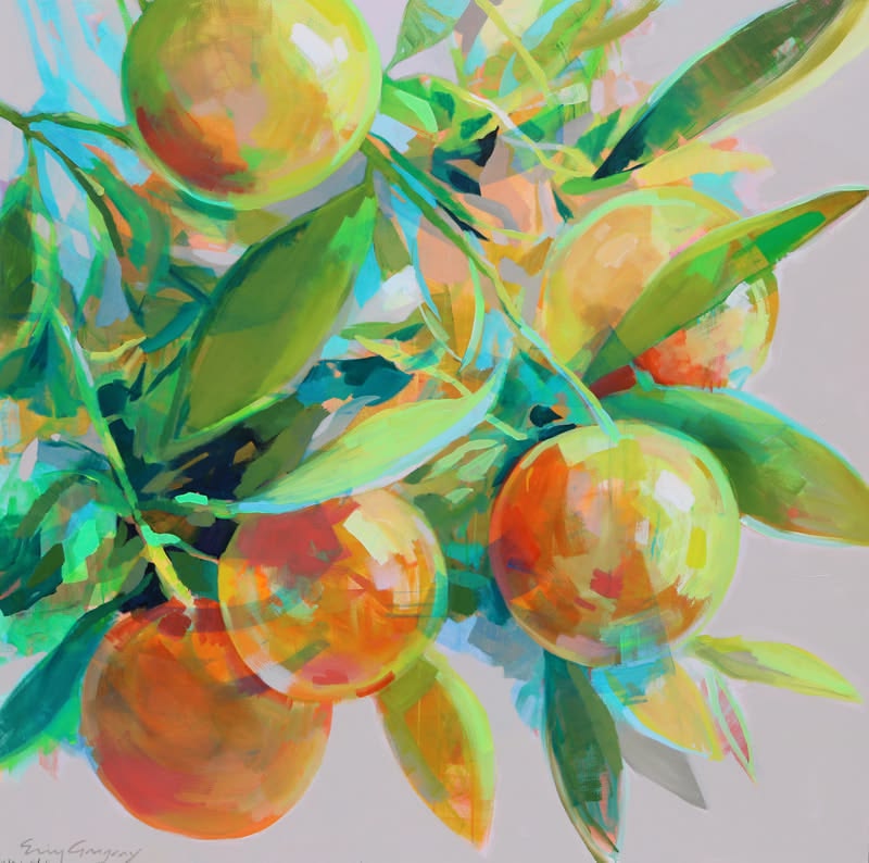 Abstract watercolor painting of translucent citrus fruits with green leaves in warm and cool tones