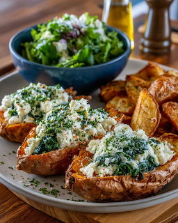 Plate of stuffed baked potatoes with spinach and cheese filling, roasted wedges, and a green salad in background