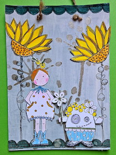 Whimsical mixed media artwork with character, sunflowers, and stitched decorative elements