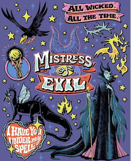 Illustrated Disney Maleficent collage with raven, dragon, flames, and villain-themed text on purple background