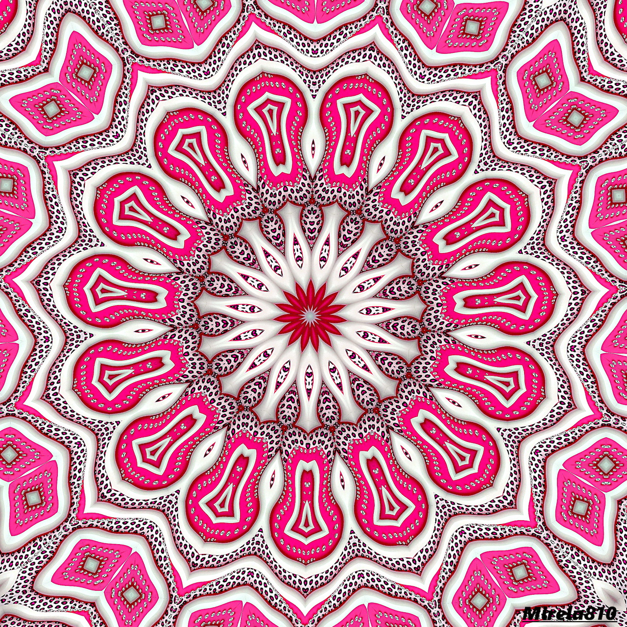 Pink and white mandala with symmetrical geometric pattern and red center star