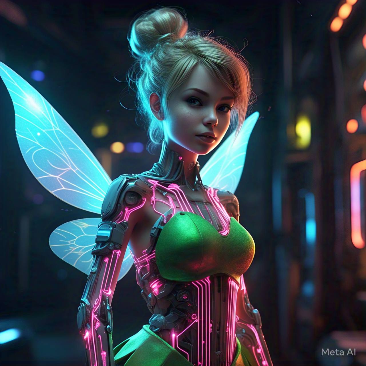Futuristic fairy girl with glowing blue wings and neon cybernetic armor in a dark sci-fi scene
