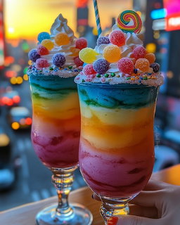 Two colorful layered ice cream sundaes in glasses topped with whipped cream and candy