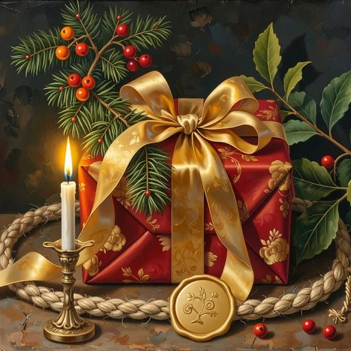 Red gift box wrapped with a gold bow beside a lit candle, pine branches, and holly berries