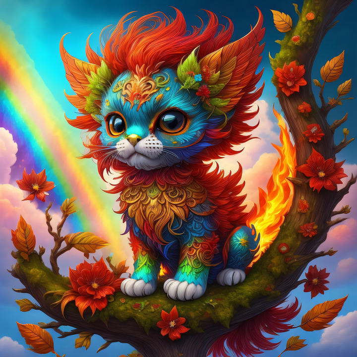 Fantasy cat with bright rainbow fur, feathered mane, flowers, and blue eyes in colorful digital illustration