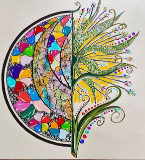 Stylized brain divided into colorful abstract left hemisphere and flowing decorative right hemisphere with swirls